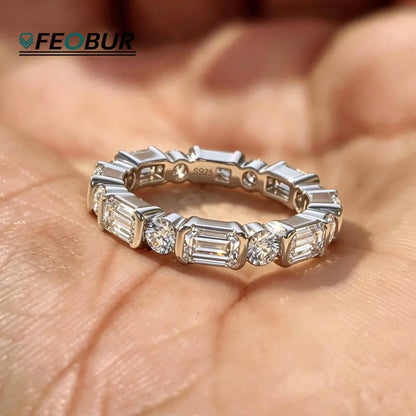 3mm Round Emerald Cut Moissanite Full Eternity Ring for Women S925 Silver Bezel Lab Diamond Promise Wedding Band Fine Jewelry