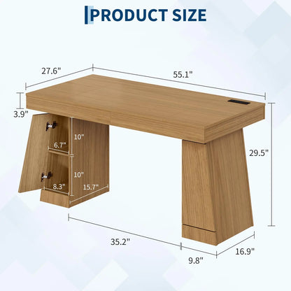 55 Inch Executive Desk With Power Outlets, USB A/C, Hidden Cabinet, Modern Home Office Computer Table, 3 Finishes, 400LB MDF Top