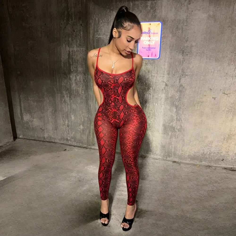 FLARORA Sexy Serpentine Print Jumpsuits Woman Hipster Sling Hollow Backless Skinny Jumpsuit Hottie Party Club Street Overalls