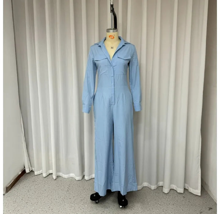 Jumpsuit Women 2024 Autumn Commuting Fashion Turn-Down Collar Long Sleeve Pocket Design Casual Jumpsuits New Female One Pieces