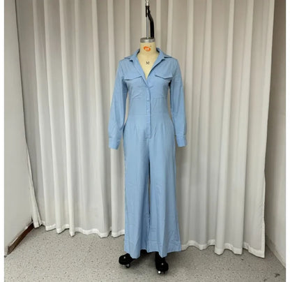 Jumpsuit Women 2024 Autumn Commuting Fashion Turn-Down Collar Long Sleeve Pocket Design Casual Jumpsuits New Female One Pieces