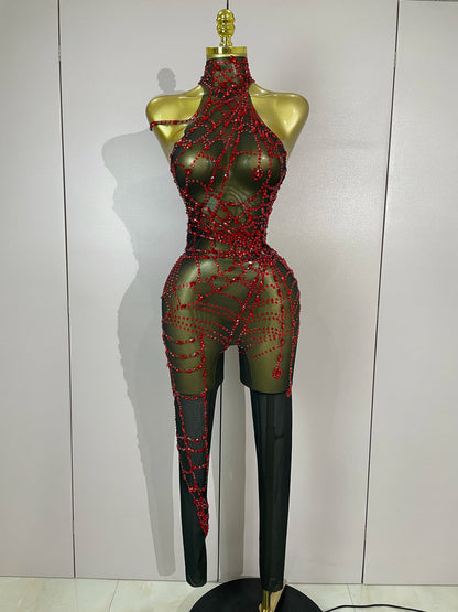 New Women Sparkly Diamonds Sexy Mesh Jumpsuit Nightclub Bar Party Show Gogo Dancer Festival Clothing Drag Queen Stage Costume