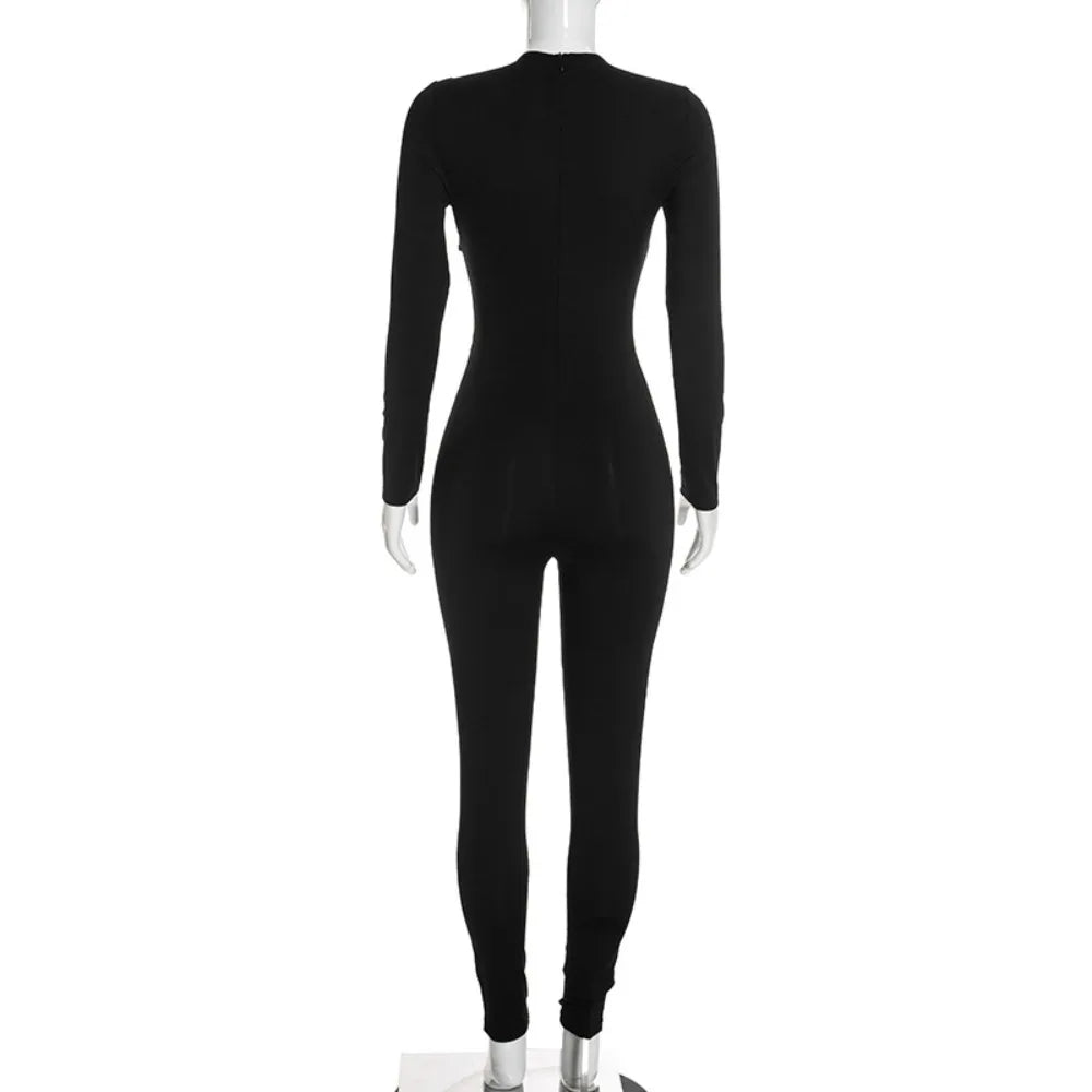 FLARORA Sexy Hollow Out Jumpsuits Woman Trend Metal Buckle Decoration Full Sleeve Skinny Peach Hip Party Club Street Overalls