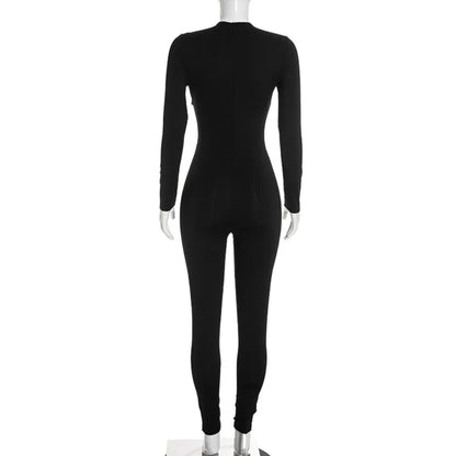 FLARORA Sexy Hollow Out Jumpsuits Woman Trend Metal Buckle Decoration Full Sleeve Skinny Peach Hip Party Club Street Overalls