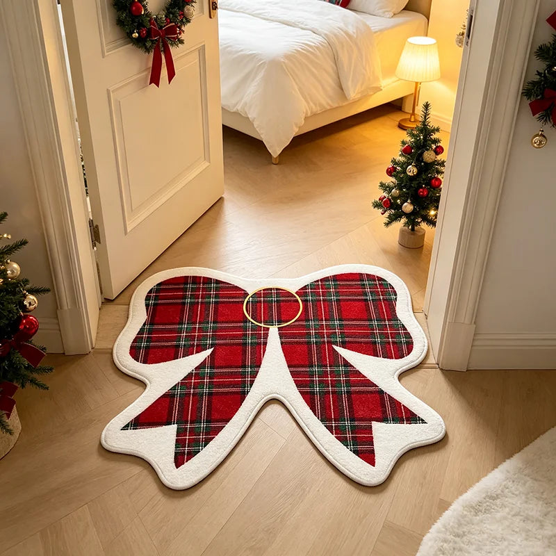 Christmas Bowknot Irregular Rug Retro Plaid Doormat Home Bedroom Bedside Atmosphere Floor Mat Festival Decor Fluffy Carpet