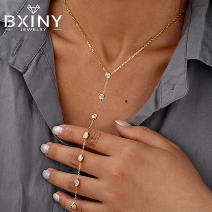 BXINY Long Tassel Bezel Moissanite Necklace 925 Sterling Silver 7-Stone Diamonds Pendant for Women Engagement Gifts Fine Jewelry