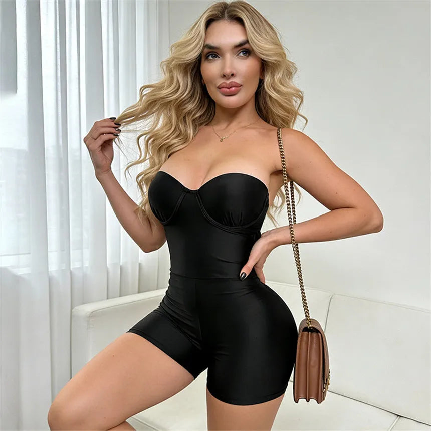Fashion Backless Tight Jumpsuit Sexy Women Bare Shoulder Bodysuit Overalls Summer Midnight Party Clubwear Slim Rompers Shapewear