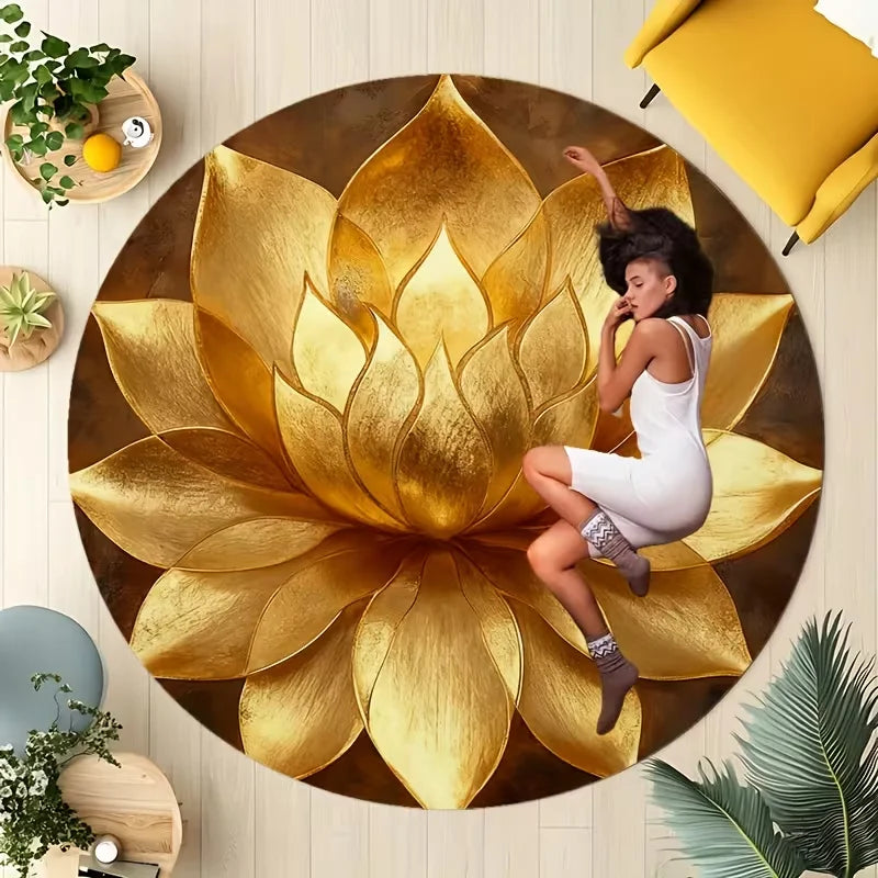Round Floor Mat with Lotus-shaped Pattern in Golden and Other Tones Suitable As Meditation Cushion for Yoga Zazen,Indoor Read Ru