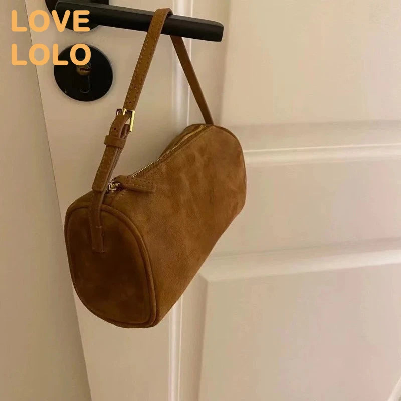 2025 New Luxury 90s Pen Holder Bag Genuine Soft Cowhide & Suede Mini Crossbody Bag Hand-Carry Vintage Shoulder Purse for Women