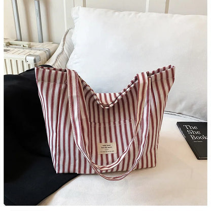 Contrast Color Stripes Women Shoulder Bags Versatile Ladies Large Capacity Tote Bag Lightweight Portable Female Shopping Handbag
