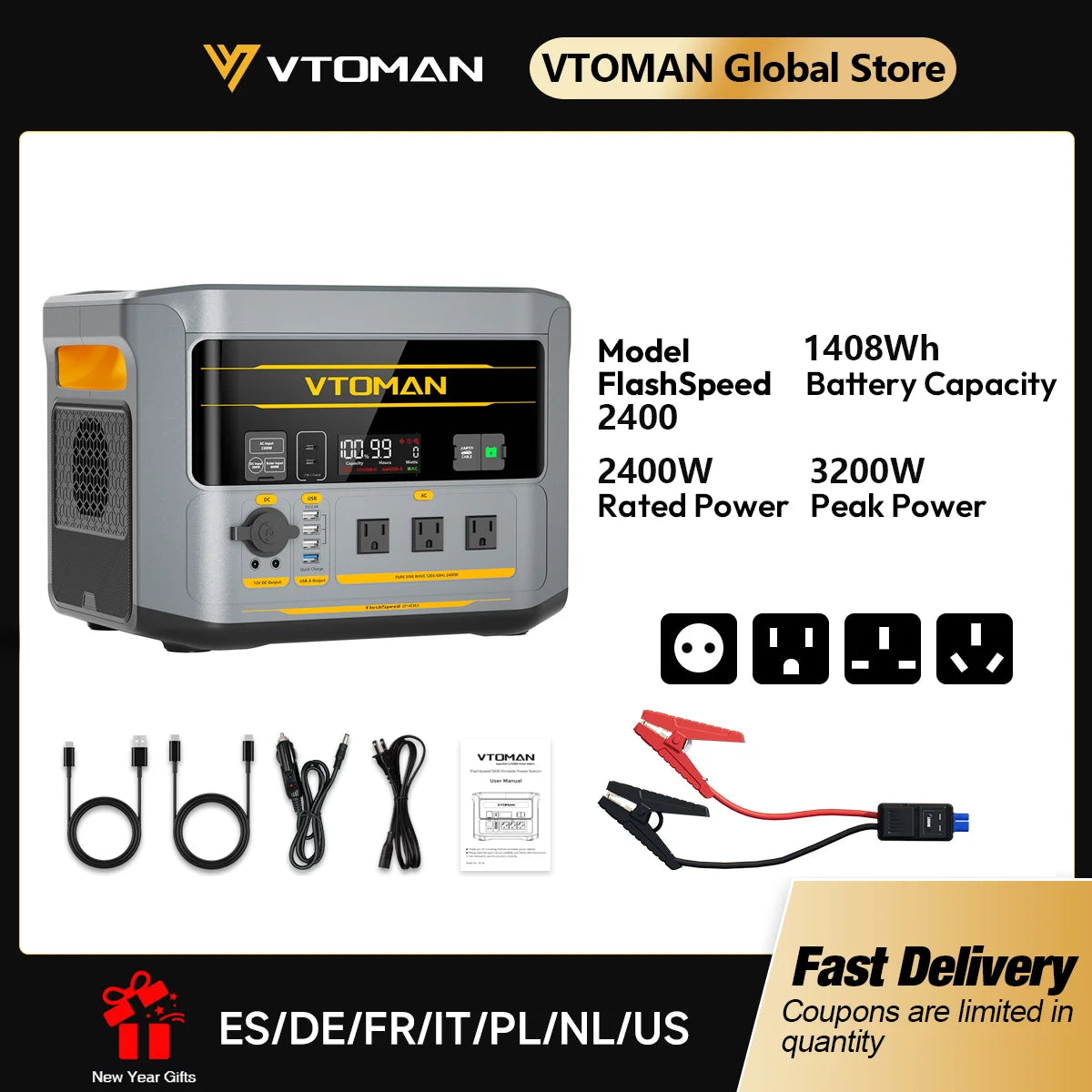 VTOMAN FlashSpeed 2400 Portable Power Station 2400W 1408Wh LiFePO4 Battery UPS Uninterruptible Power Supply,Max 600W Solar Input, Expandable to 2688Wh, 12 Devices Output, Car Jump Starter for Camping Home Emergency Backup Pow