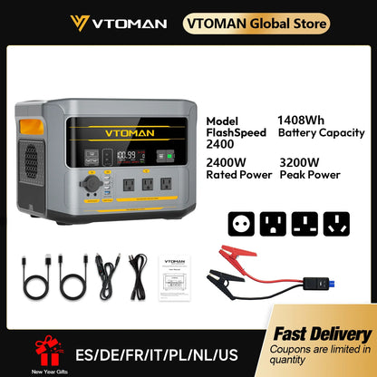 VTOMAN FlashSpeed 2400 Portable Power Station 2400W 1408Wh LiFePO4 Battery UPS Uninterruptible Power Supply,Max 600W Solar Input, Expandable to 2688Wh, 12 Devices Output, Car Jump Starter for Camping Home Emergency Backup Pow