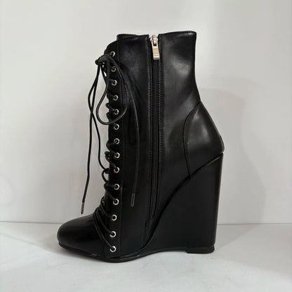 Patchwork Wedge Platform Ankle Boots Women Fashion Round Toe Front Lace Up Shoes Ladies Punk Chic Zipper Suede Cross Tied Boots