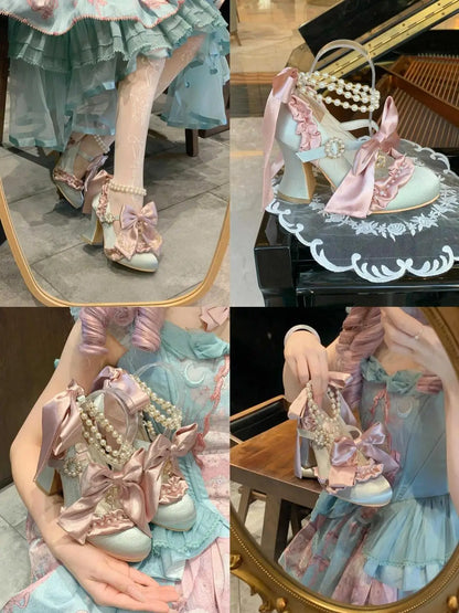 Sweet Lolita Women High Heels Luxury Designer Court Style Velour Bowknot Princess Dress Shoes Elegant