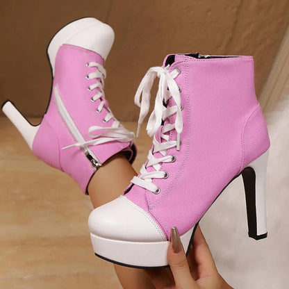 Luxury Designer Women Boots Fashion High-top Canvas Shoes Side Zip High-heel Ankle Boots Casual Platform High-heeled Boots Botas