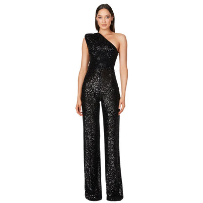 Women Elegant Long Jumpsuits Slanted Collar Party 2026 Sexy Glitter Sequin Club Playsuits Fashion Backless Solid Romper