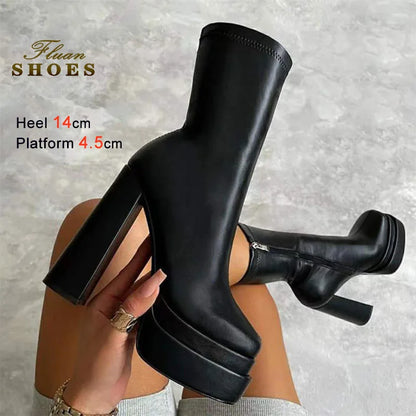 Foreign Trade Women's Shoes Fashion Super High Heels Platform Short Boots New Chunky Heel Mid-calf Boots Casual Ankle Boots CD