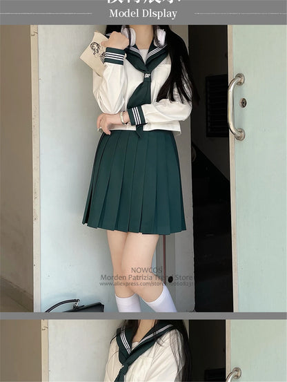 Japanese School Girl Uniform XS-XL JK Green Sailor Basic Cartoon Three Lines Sailor Uniform Sets Navy Costume Women Girl Costume