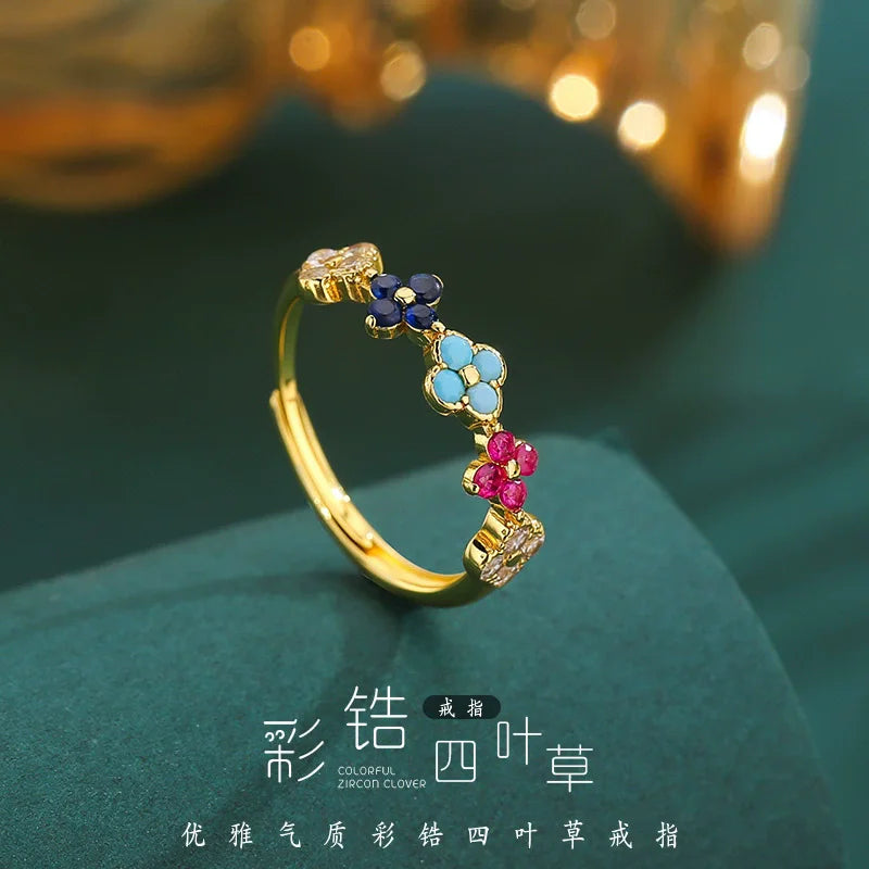 925 Sterling Silver Colorful Four-Leaf Petal Ring for Women Light Luxury, High-End, Trendy Fashion Fine Jewelry Gifts