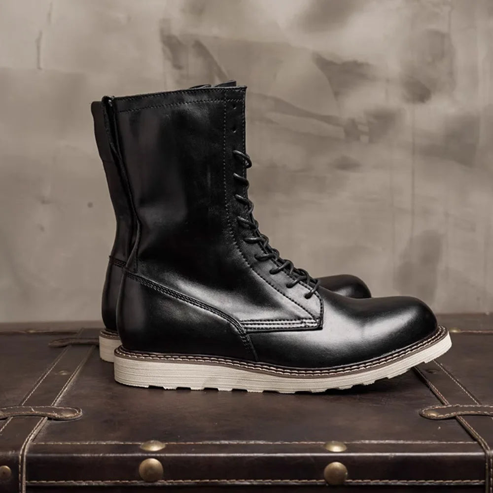 Fashion Men's Cow Genuine Leather Motorcycle Boots Brogue Shoes Retro High Round Toe Mid-calf Western Chelsea Riding Boots