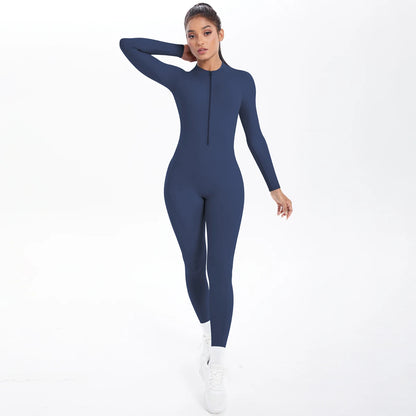 Solid Color Bodysuits for Woman's Backless Long Sleeved Zipper Yoga Jumpsuits High Dtrength Workout Sports Fitness Clothing Set