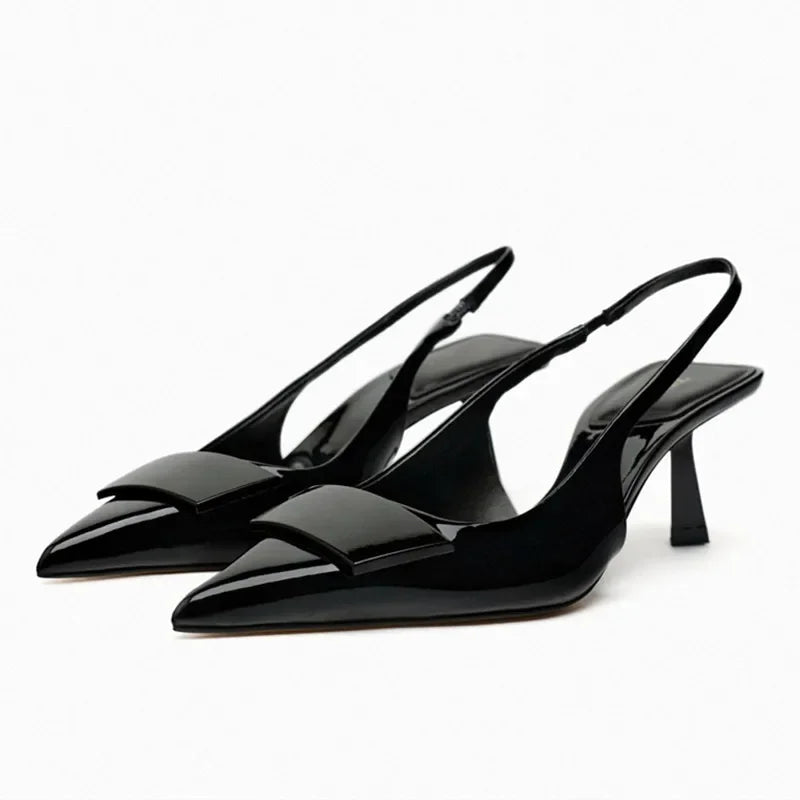 Luxury Designer Slingback Mules Heels Women Sexy Pointed Toe Patent Leather Thin Heeled Sandals Comfortable Elegant Office Shoes