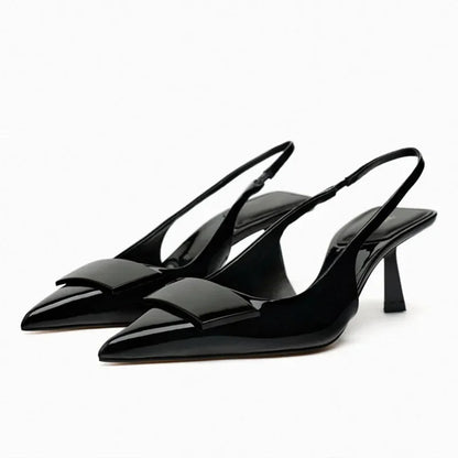 Luxury Designer Slingback Mules Heels Women Sexy Pointed Toe Patent Leather Thin Heeled Sandals Comfortable Elegant Office Shoes