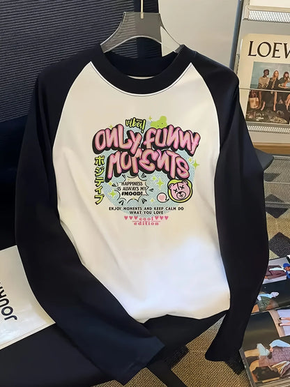 Y2K Irregular Design Spliced Color-Block Long Sleeve T-Shirt Women's Funny Graphic Tees Tops for All Seasons 90s T Shirt Clothes