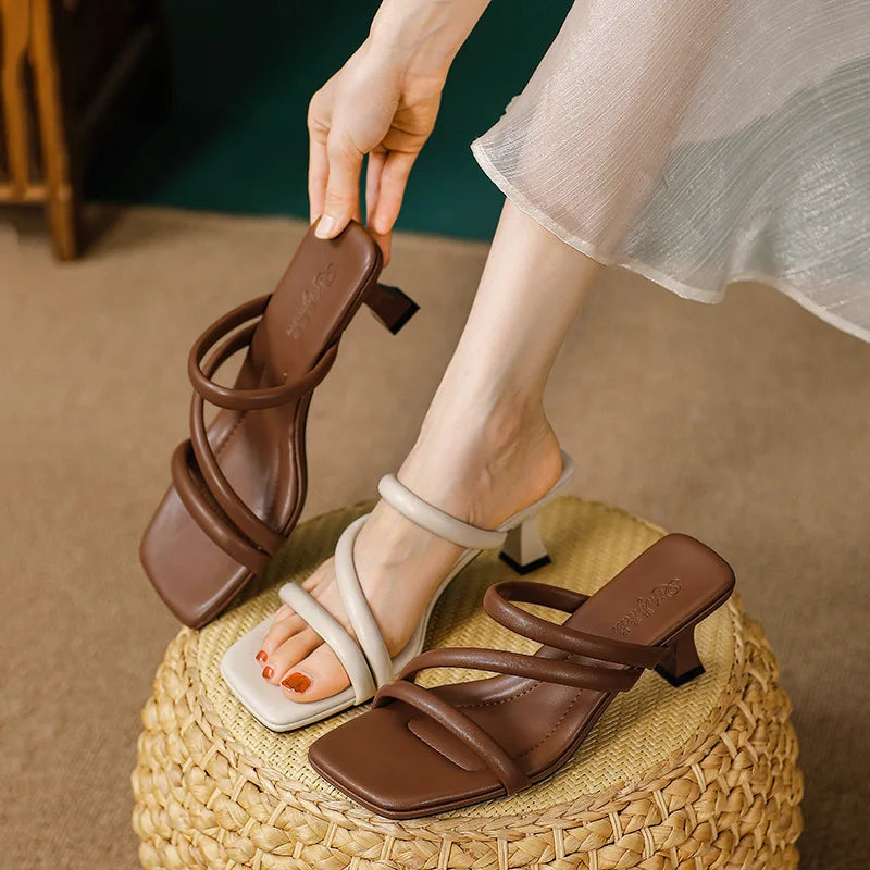 Elegant Ladies Glass Tacones Slippers Open Toe Thick Band Sandals Women High Heels Shoes Wedges Open Toe Slides Beach Sandalias