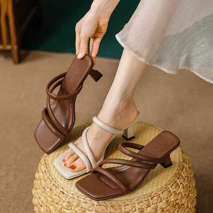 Elegant Ladies Glass Tacones Slippers Open Toe Thick Band Sandals Women High Heels Shoes Wedges Open Toe Slides Beach Sandalias
