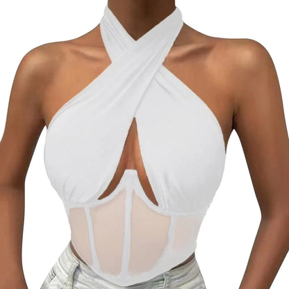 Sexy Cotton Stretch Tops For Women Cross Halter Sleeveless Blouses Fashion Sleeveless Hollow Out Top Irregular Neckline Tank Top
