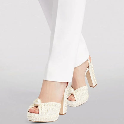 Luxury Full Pearl Platform Heeled Sandals Women White Peep Toe Ankle Strap Block Heels Elegant Bridal Shoes Wedding Prom