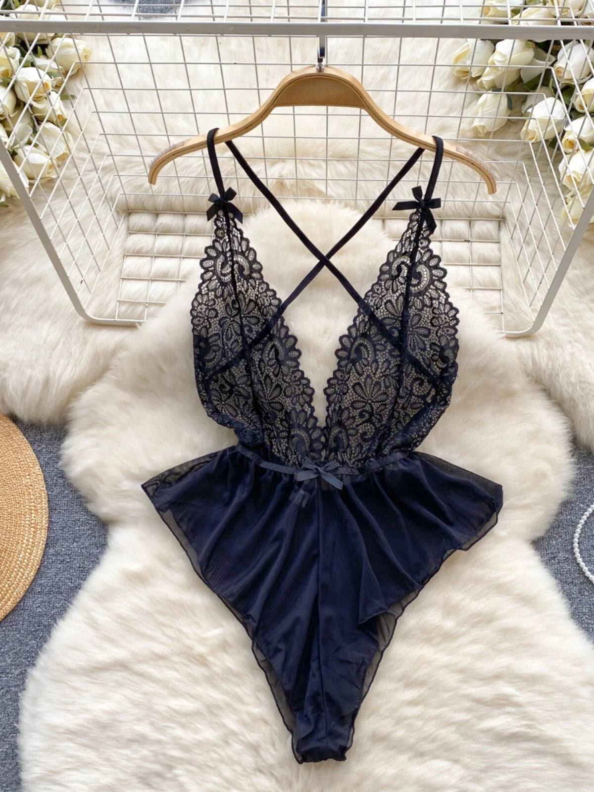 Women Floral Lace Mesh Strappy Bodysuit Fashion Hollow Sexy Comfortable Catsuit One Piece Tights Transparent Onesie