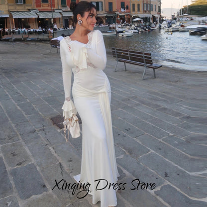 Elegant Mermaid Evening Dress Temperament Lace V-Neck Sweep Train Customized Celebrity Gowns Charming Jersey Prom Dresses