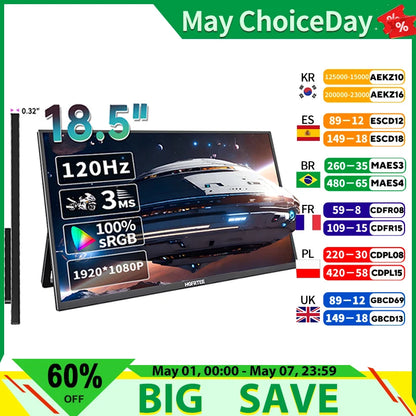 HGFRTEE Portable Monitor 18.5 Inch Computer Gaming Display 100Hz 100% sRGB FHD 1080P Screen for Laptop Holiday Gift PC PS4/PS5