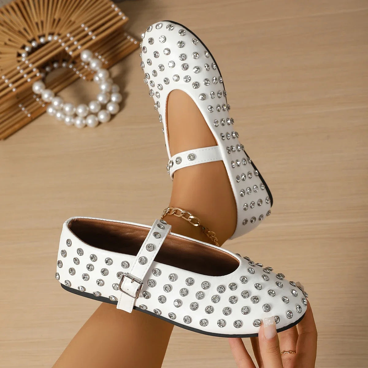 Women's Flat Dress Shoes Bottom Mary Jane Water Diamond Casual Dancing Shoes Genuine Leather Single Shoes Luxury Ballet Flats