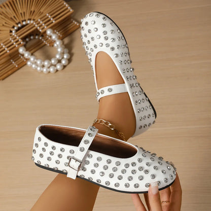 Women's Flat Dress Shoes Bottom Mary Jane Water Diamond Casual Dancing Shoes Genuine Leather Single Shoes Luxury Ballet Flats
