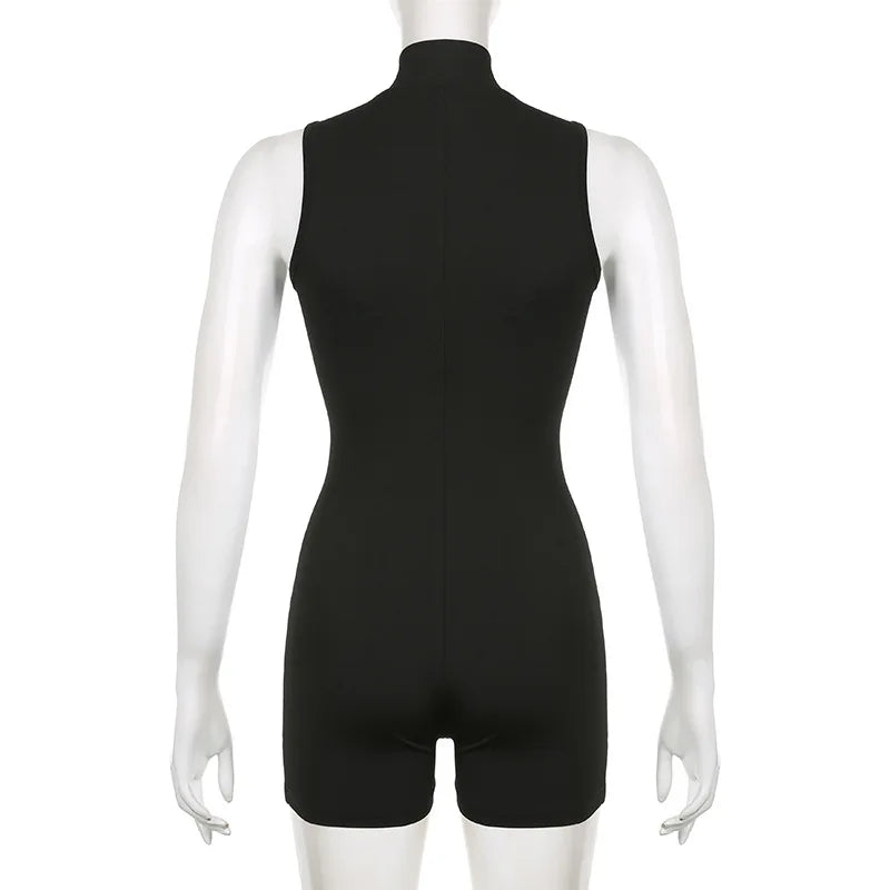 Women's Sexy Solid Short Sleeve Zipper High Collar High Waist Bodycon Jumpsuit Short Onesies Rompers Yoga Workout Gym Jumpsuits