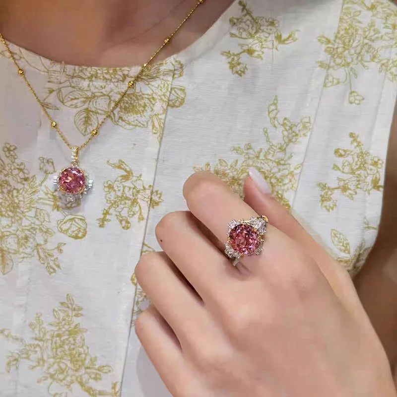 Luxury 9999 24K Solid gold certifid heavy industry 11mm padparadscha corundum lotus cut ring high-end fine jewelry