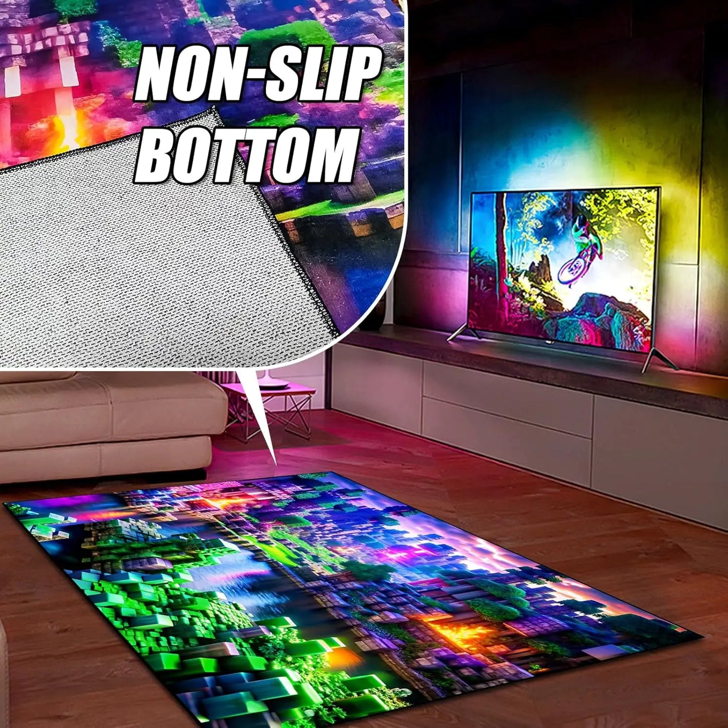 Neon Voxel World Print Area Rug, Colorful Blocky Pixel Scene Floor Mat for Gaming Room, Bedroom, Non-Slip Washable Carpet