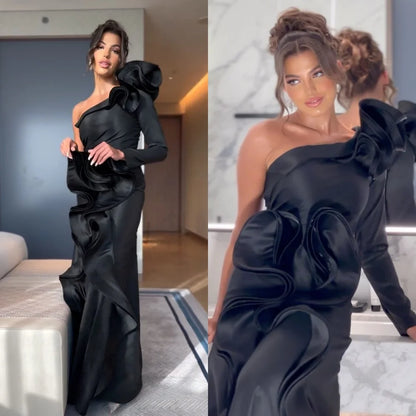 Customized Modern Style One-Shoulder Trumpet / Mermaid Pleat Ruched Floor-Length Satin Bespoke Occasion Dresses Evening