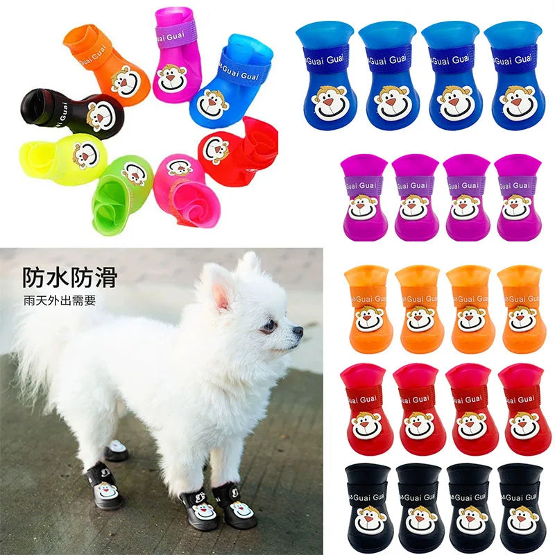 4pcs/set Waterproof Pet Dog Shoes Anti-slip Rain Boots Footwear for Small Cats Dogs Puppy Dog Pet Booties Pet Paw Accessories