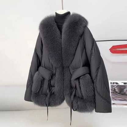 White Duck Down Coat Women Faux Fox Fur Collar Loose Thicken Parkas Warm Outwear 2026 Winter New Fashion Female Jacket