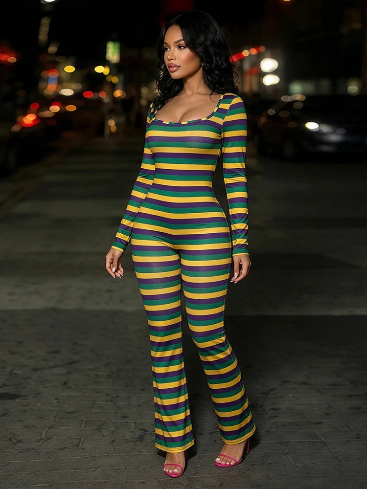 Nibber Chic Collar Full Jumpsuits Women's Autumn Trend Square Sleeve Stripe Patchwork Skinny Stretch High Street Style Overalls