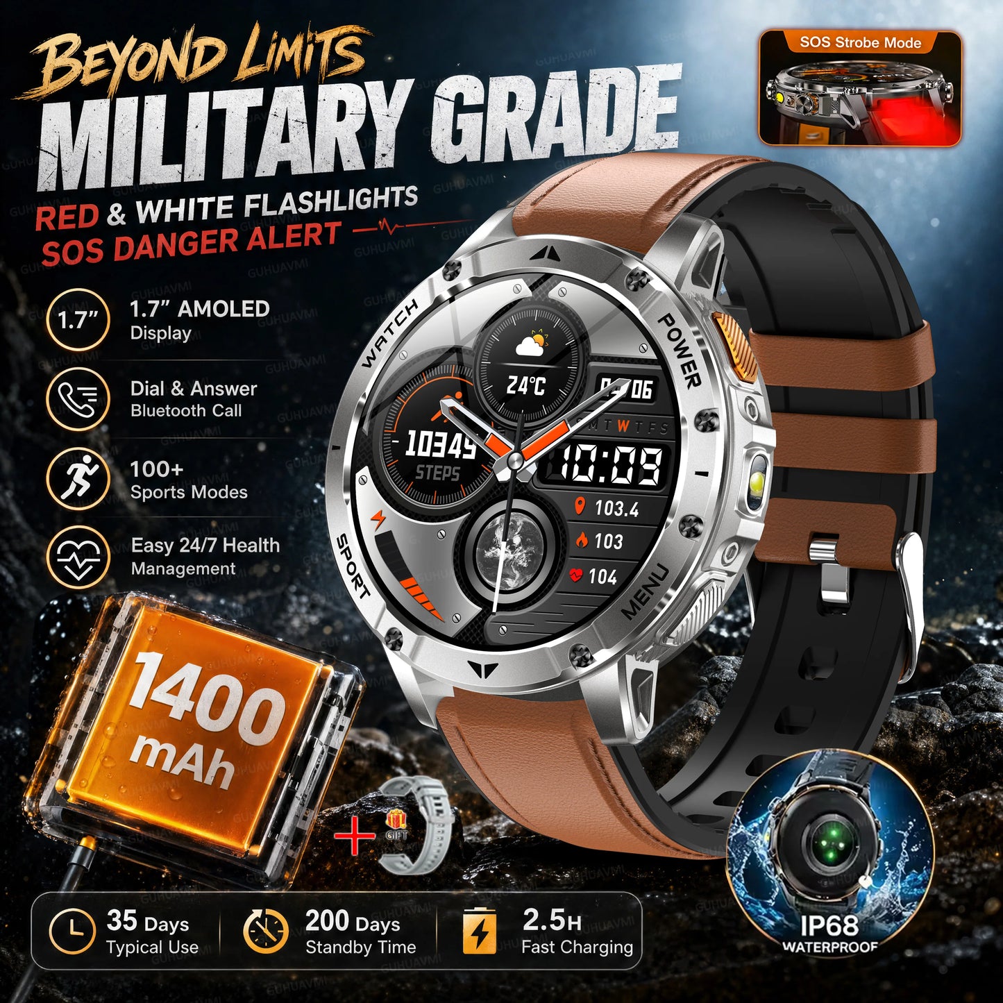 TANK Ultra Outdoor Smartwatch 1400mAh Battery Military Watches Waterproof Two-color Tactical LED Flashlight Men Sports Bracelet