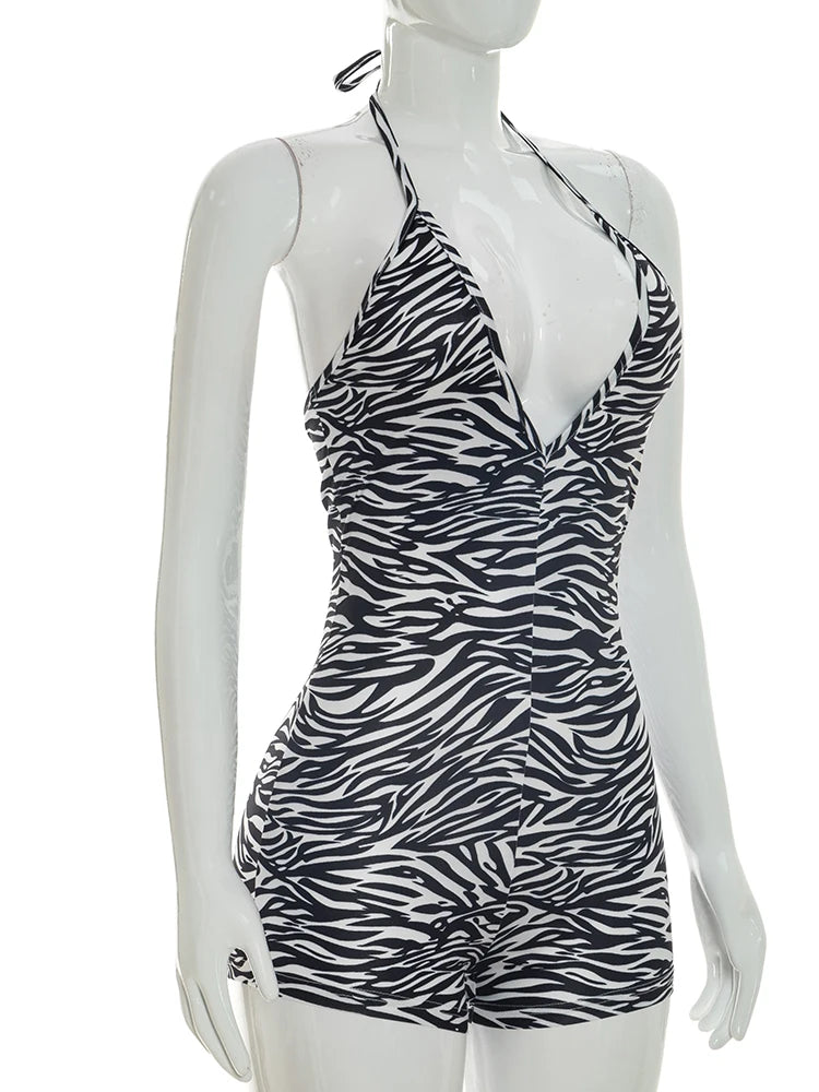 Weird Puss Sexy Fashion Playsuits Woman Zebra Stripes Lace-Up Halter Backless Shape Waist Skinny Peach Hip Wild Style Rompers
