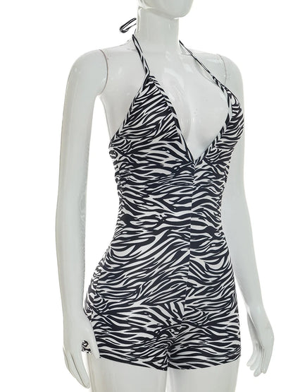 Weird Puss Sexy Fashion Playsuits Woman Zebra Stripes Lace-Up Halter Backless Shape Waist Skinny Peach Hip Wild Style Rompers