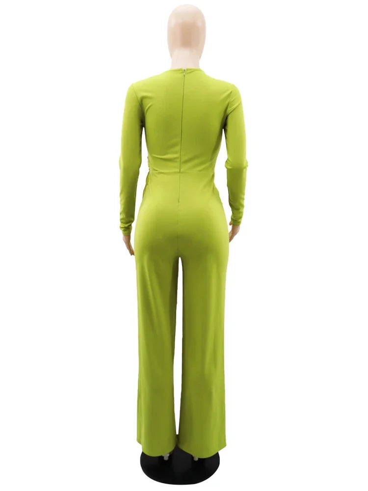 Jumpsuits for Women Dressy Ribbon Long Sleeve V Neck Wide Leg One Piece Overalls Elegant Party Club Wedding Guest Outfits