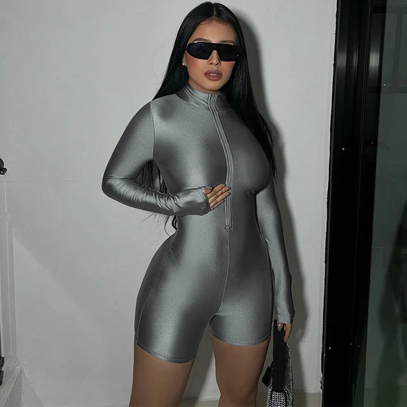 Hugcitar Solid Turtleneck Long Sleeve Zip Up Sexy Slim Skinny One Piece Playsuit 2024 Fall Women Fashion Streetwear Party Romper