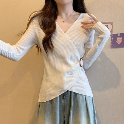 Women Wrap V Neck Ribbed Knit Top Metal Ring Buckle Flare Long Sleeve Slim Sweater